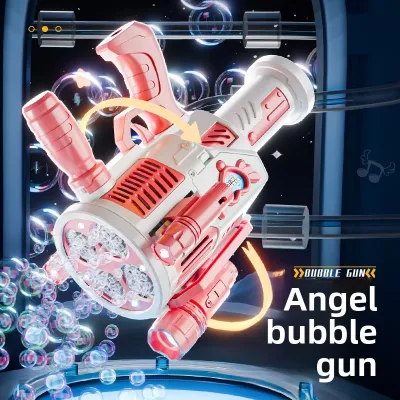 32 Holes Pink ABS Plastic 4-Nozzle Gatling Gun Handheld Large Output Automatic Bubble Maker Includes 1200mAh Lithium Battery