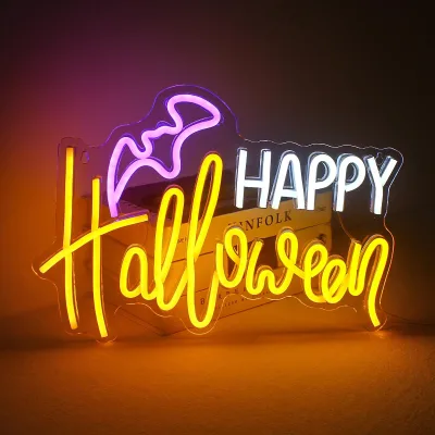 Happy Halloween Neon Sign Dimming LED Acrylic Bat Shape for Indoor Wall Decor 5V V Colorful Green Blue