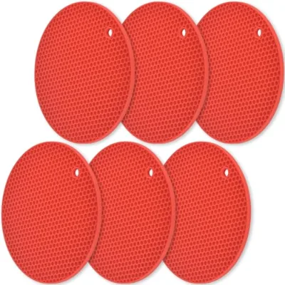 HomEdge Pack of 6 Non-Slip Heat-Resistant Round Silicone Trivets Red