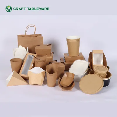Kraft Paper Bowl with PET Lid Salad Bowl Brown Disposable Craft Paper Kraft Paper Eco-friendly Single Wall Salad Bowl