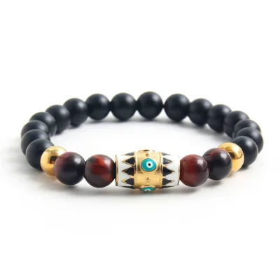 8mm Red Tiger Eye & Black Onyx Stone Evil Eyes Stainless Steel Bracelet for Men Women Fashion Jewelry