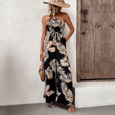 Summer Bestsellers Tropical Style Leaf-printed Strapless Jumpsuits