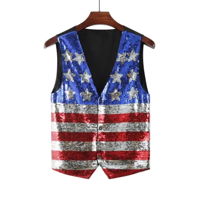 Sparkly Men's Stars and Stripes Sequin Vest American Flag Vest Red White Blue 4th of July Parade Outfit for Men Costume Party