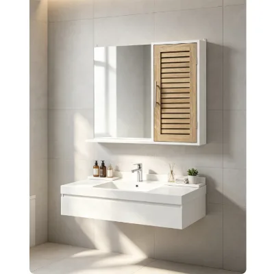 Modern Wooden Bathroom Storage Cabinet, Hanging Vanity Medicine Cabinet with Louvered Door & Mirror
