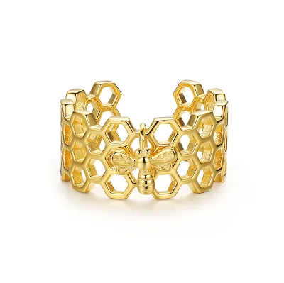 925 Sterling Silver Gold Plated Bee Honeycomb Adjustable Ring for Women