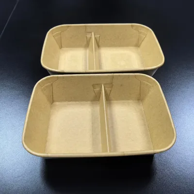 Customize Print Eco Friendly Disposable Grease Proof Microwavable Two Compartments Kraft Paper Takeaway Lunch Boxes