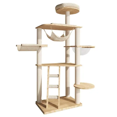 Luxury Natural Oak Cat Tree Soft Cushion With Hammock Climbing Stair Platform Spacecraft Easy to Assemble