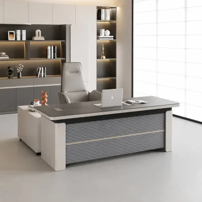 Modern Executive Office Desk With Return Cabinet LShaped Configuration Geometric Panel Gold Trim ForManager Director Use