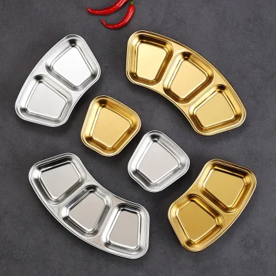 Korean Style Stainless Steel 304 Soy Sauce Dish Gold 1/2/3 Grids Dipping Dishes for Kitchen Hotel Restaurant