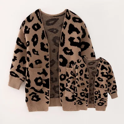Stock Long Sleeve Leopard Print Cardigan Sweater for Adults Kids Girls Ready Ship Casual Mommy Me Matching Clothes for All Ages