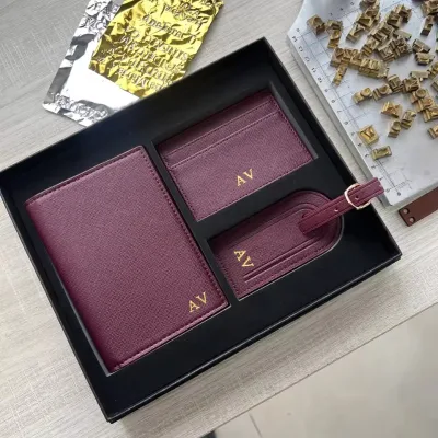 Wholesale Custom Logo PU Leather Saffiano Texture Passport Cover Card Holder Luggage Tag Corporate Travel Gift Box Set