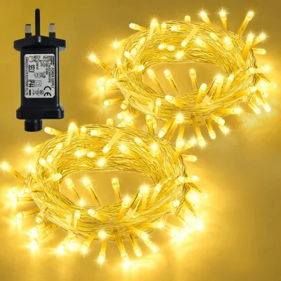 Warm White Clear Wire Fairy String Lights UK Plug Low Voltage IP44 Waterproof 8 Modes Extendable Christmas Decor Lights