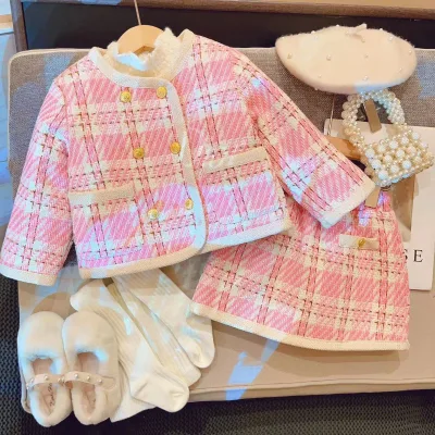 Girls Skirt Small Fragrance Set Autumn and Winter College Style Children's Clothing Foreign Style Thickened Cotton Two-piece Set