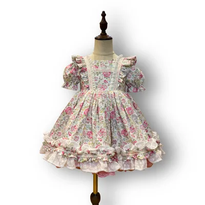 Wholesale 100% Cotton Kids Pink Printed Dress for Girls Summer Ruffle Skirt Casual Daily Wear Toddler Frock