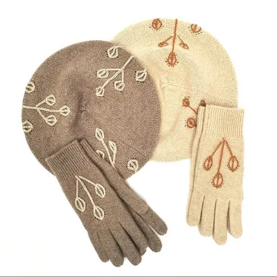 Spring Autumn Knit Gloves Beret 2 Picecs Set Luxury Wholesale French Painter Artist Custom logo 100% Cashmere Winter Hat Beret