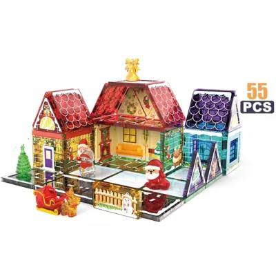 7.5CM Plastic Holiday Magnetic Tiles Set Christmas Theme Building Blocks for Kids STEM Educational Toy Creative Gift