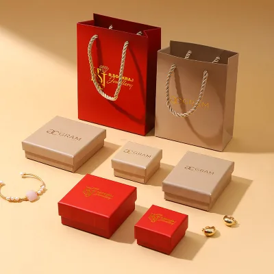 Wholesale Red Lid Kraft Lid Jewelry Box Set Kraft Paper Bag Custom Logo Packaging for Ring Earring Necklace