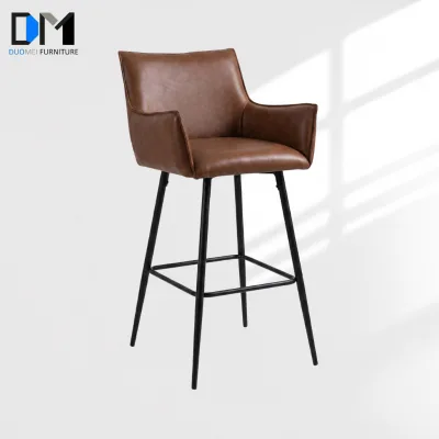DM MCM Style PU Leather Bar Stool Winged Armrest Fixed Height Metal Legs Footring for Restaurant Pub Wholesale Supplier