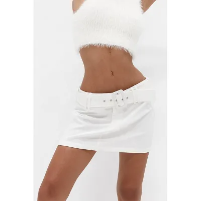 Women Detachable Belt Mini Length Zip/Hook Closure Belted Mini Skirt White Belted Mini Skirt Features Wide Waist Band Skirt