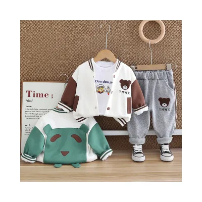 Spring Small Medium-sized Children's Baseball Suit Casual Style Back Bear Cartoon Baby Letter Three-Piece Set for Autumn