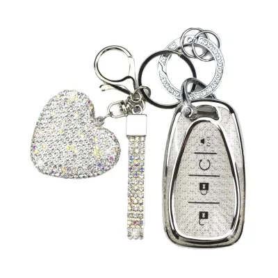 Silver-Heart Diamond Plastic Handmade Women's 4-Button Car Keychain Compatible Chevrolet Equinox Protective Guli