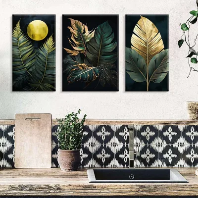 Tropical Leaves Canvas Art - 3-Piece Set Gold Accent Botanical Wall Decor for Living Room