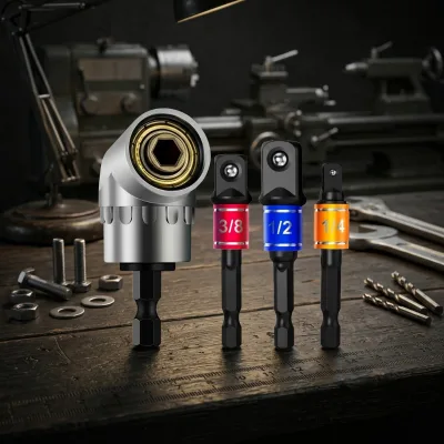 Factory DIY OEM ODM 4Pcs 105 Degree Right Angle Drill Attachment Set 1/4 3/8 1/2 Inch Hex Shank 45# Steel Black Phosphate Socket