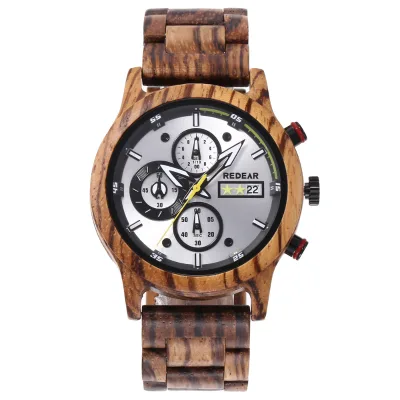 Hot Sale Fashion Small Three Eyes Luminous Hands Quartz Movement Wooden Watch with Pointer Dial for Men