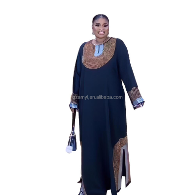 High Quality African Mom African  Dress Black Nigeria Headtie Luxury Rhinestone Decor Long African Dress