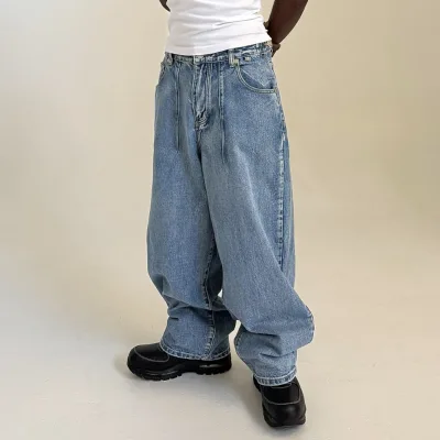 Wholesale Custom Unisex Men's Vintage Wash Blank Oversized Cotton Straight Wide Leg Baggy Denim Jeans for Men