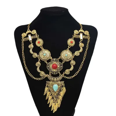 Vintage Gold Tone Metal Necklace with Red Green White Faux Gemstone Pendant Tassel Bohemian Ethnic Jewelry