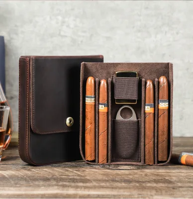Coffee Crazy Horse Leather Cigar Case Holds 4 Cigars Magnetic Snap Flip Top Cigar Humidor Storage Pouch With Accessory Slots