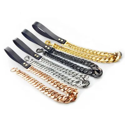 CWN Hot Sale Pet Products Gold/Rose Gold/Silver/Black Stainless Steel Chains Leather Handle Ultimate  Big Dog Necklace