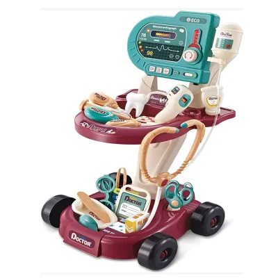 KK New Pretend Play Doctor Medical Game Set Toy Simulation Electrocardiogram Double Deck Trolley Injection Plastic Color Box