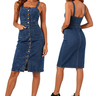 Women's Dark Blue Denim Midi Dress Straps Single Breasted Button Front Trousers Vintage Streetwear Lady Camisole Pocket Skirt