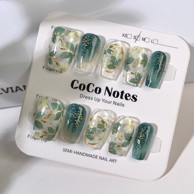 Hot Selling Handmade Wearable Nail Art Fresh and Gentle Green Leaves Chinese Style Dark Green Luxurious Women'S Nail Art