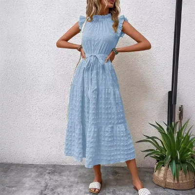 2026 European and American Cross-border Women's Summer New Fashion Flying Sleeves Lace Dress with Belt Texture