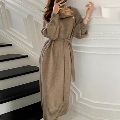 Wholesale Autumn Winter Women Long Sleeve Knit Dress With Belt Button French Style Elegant Solid Color Sweater Casual Long Dress