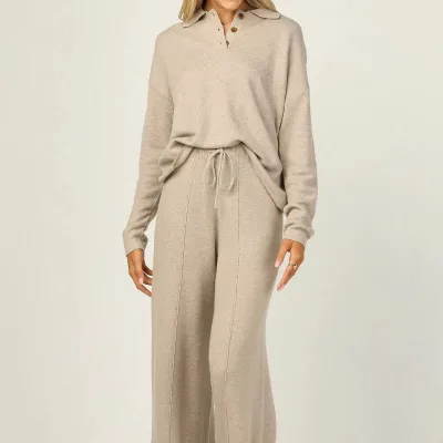 Plus Size Women's Sets Long Sleeves Polo Knitted Top and Wide Leg Pants Pants Two Piece Lounge Sweater Set