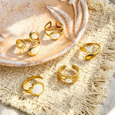 Stainless Steel 18K Gold Plated Geometric Double Layer Oval Pattern Ring Fashionable Butterfly Heart Irregular Finger Ring