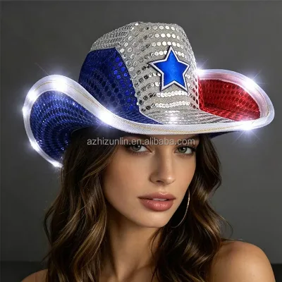 LED Light Flashing Sequin Cowboy Hat Red White Blue Patriotic USA Flag Design White Brim 3 Lighting Modes Stretch Fit Polyester