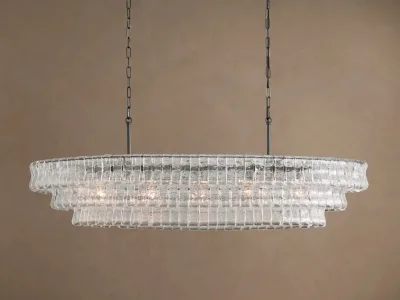 Oval Linear Rippled Multi-Layer Clear Glass Pendant Light Chandelier for Living Room Counter Space with Adjustable Height