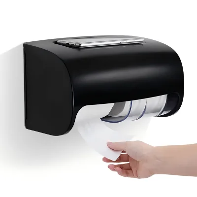 Commercial Black/white Hotel Bathroom No Punching Wall Mounted ABS Waterproof Double Roll Paper Dispenser with Phone Shelf