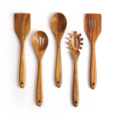 Wholesale 5Pcs Acacia Wood Kitchen Utensils Set Non-stick Wooden Spatula Slotted Pasta Spoon Cooking Tools with Hanging Hole