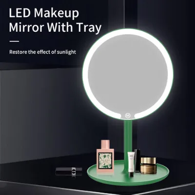 Desktop Illuminated Makeup Mirror with Large Tray, 1X 5X Magnifying LED Light Makeup Mirror