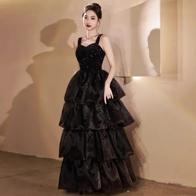 Studio Wedding High-end 2025 New Birthday Host Graduation Cake Black Strappy Evening Dress With Sequins