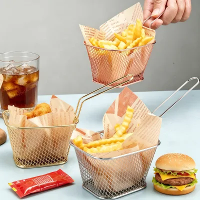 Classic Mini French Fry Serving Basket | Thick Metal Mesh with Handle | Commercial Restaurant Bar Fried Food Display Holder