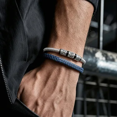 Boli Men Braided Leather 316L Stainless Steel Bangle Bracelet 18K PVD Gold Plated Hiphop Magnetic Clasp Multi-Color Wholesale