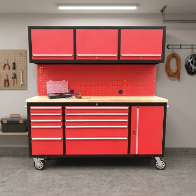 72-Inch OEM Cold Rolled Steel Mechanics Rolling Tool Cabinet 10 Drawers 3 Upper Cabinets Heavy-Duty Casters Power Bar ISO9001