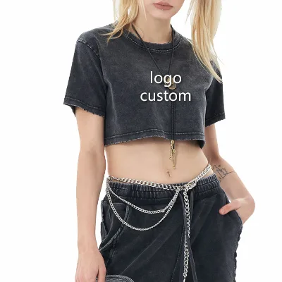High Quality Washed Fade Crop Women T Shirt Low MOQ Young Lady Vintage Cropped T Shirt